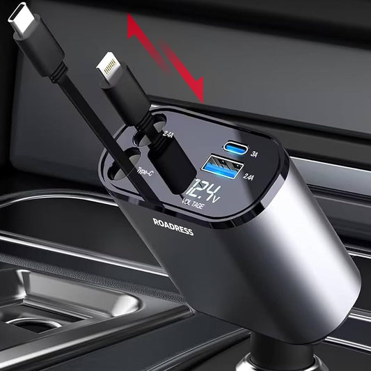 4 In 1 Retractable USB-C Car Charger for IPhone and Android