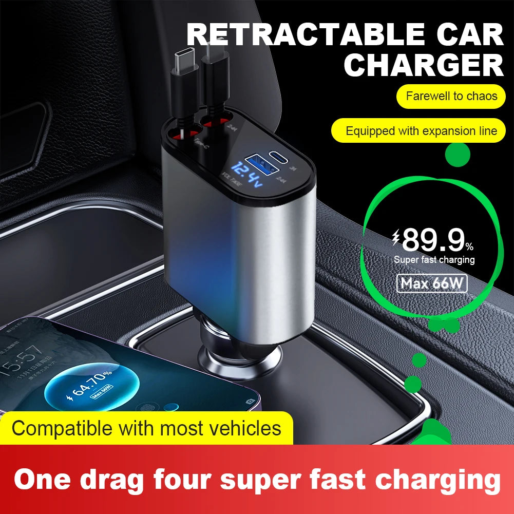 4 In 1 Retractable USB-C Car Charger for IPhone and Android