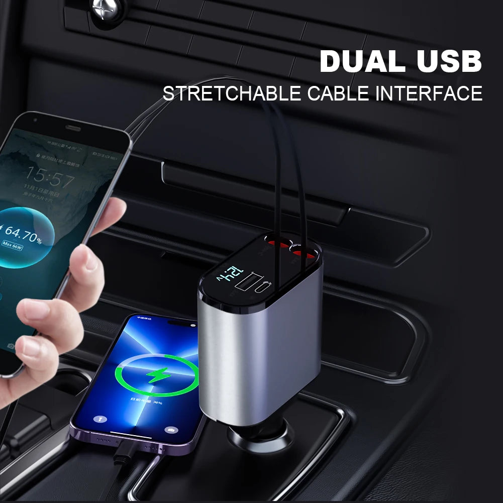 4 In 1 Retractable USB-C Car Charger for IPhone and Android